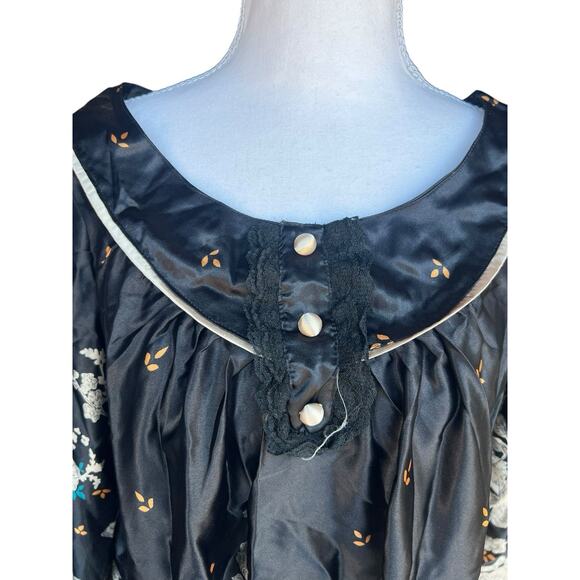 Black Satin Floral Garden Tunic Shift Dress 3/4 Sleeves MEDIUM Erdem Style - Picture 4 of 7